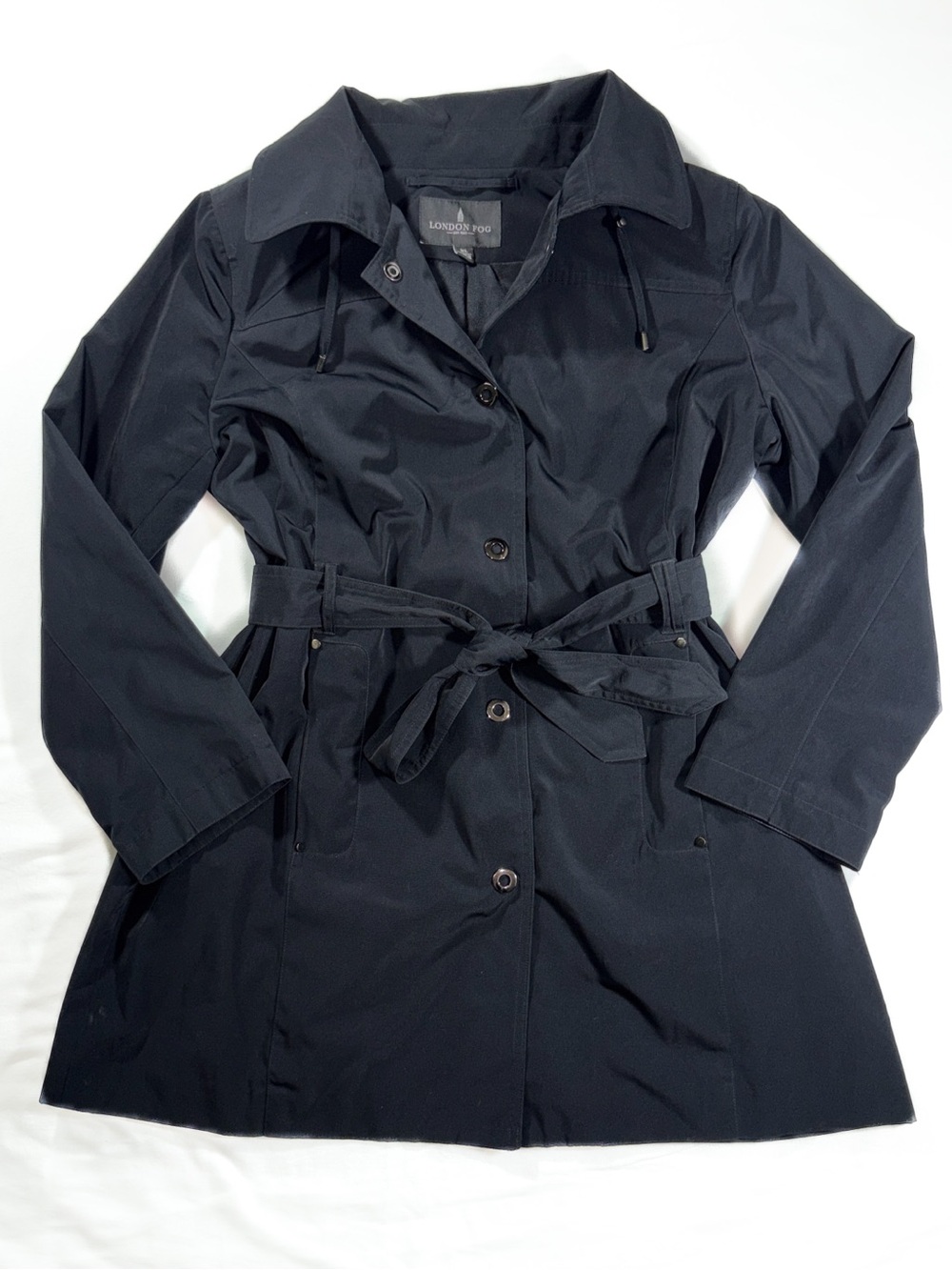 London Fog Black Belted Trench Coat Hooded Raincoat Jacket XL